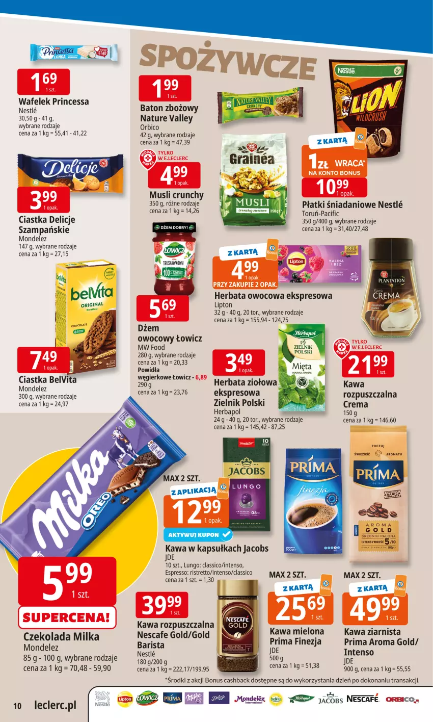 Gazetka promocyjna E Leclerc - ważna 10.11 do 17.11.2025 - strona 10 - produkty: Baton, BelVita, BIC, Ciastka, Cif, Czekolada, Danio, Delicje, Dżem, Herbapol, Herbata, Herbata owocowa, Jacobs, Kawa, Kawa mielona, Kawa rozpuszczalna, Kawa ziarnista, LG, Lipton, Mięta, Milka, Mus, Plantation, Prima, Princessa, Tran, Wafelek