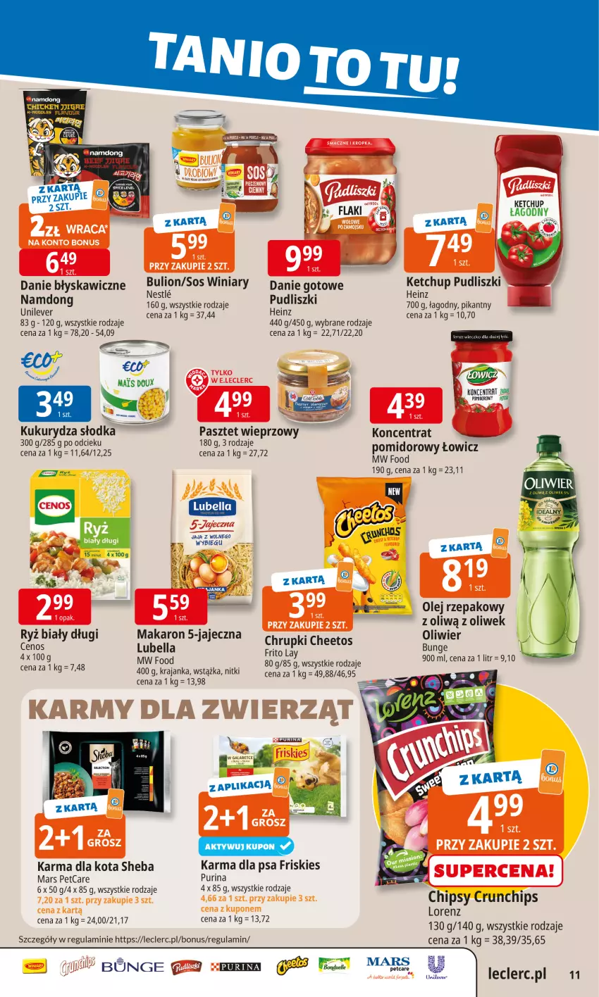 Gazetka promocyjna E Leclerc - ważna 10.11 do 17.11.2025 - strona 11 - produkty: Bell, Bella, Bulion, Cheetos, Chipsy, Chrupki, Crunchips, Flaki, Friskies, Heinz, Jaja, Ketchup, Lion, Lorenz, Lubella, Makaron, Olej, Olej rzepakowy, Pasztet, Pudliszki, Ryż, Ryż biały, Sheba, Sos, Winiary, Wstążka