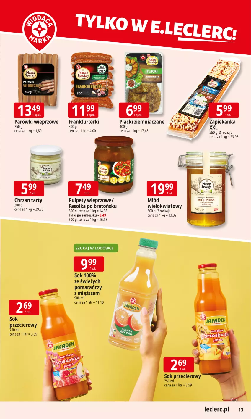 Gazetka promocyjna E Leclerc - ważna 10.11 do 17.11.2025 - strona 13 - produkty: Chrzan, Fa, Flaki, Flaki po zamojsku, Frankfurterki, Lack, Miód, Parówki, Pulpety, Sok, Sok przecierowy