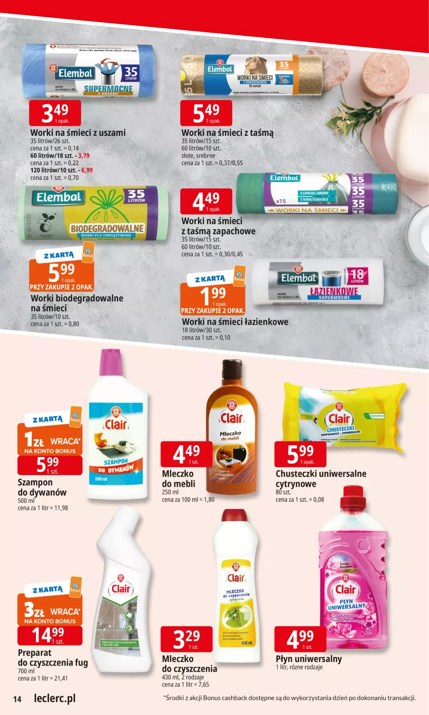 Gazetka promocyjna E Leclerc - ważna 10.11 do 17.11.2025 - strona 14 - produkty: Chusteczki, Dywan, Fa, Gra, Mleczko, Preparat do czyszczenia, Szampon, Tran, Worki na śmiec, Worki na śmieci