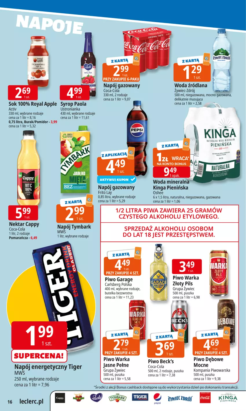 Gazetka promocyjna E Leclerc - ważna 10.11 do 17.11.2025 - strona 16 - produkty: Cappy, Carlsberg, Coca-Cola, LANA, Mus, Napój, Napój energetyczny, Napój gazowany, Nektar, Oshee, Paola, Pepsi, Piwo, Sok, Syrop, Tiger, Tran, Tymbark, Warka, Woda, Woda mineralna