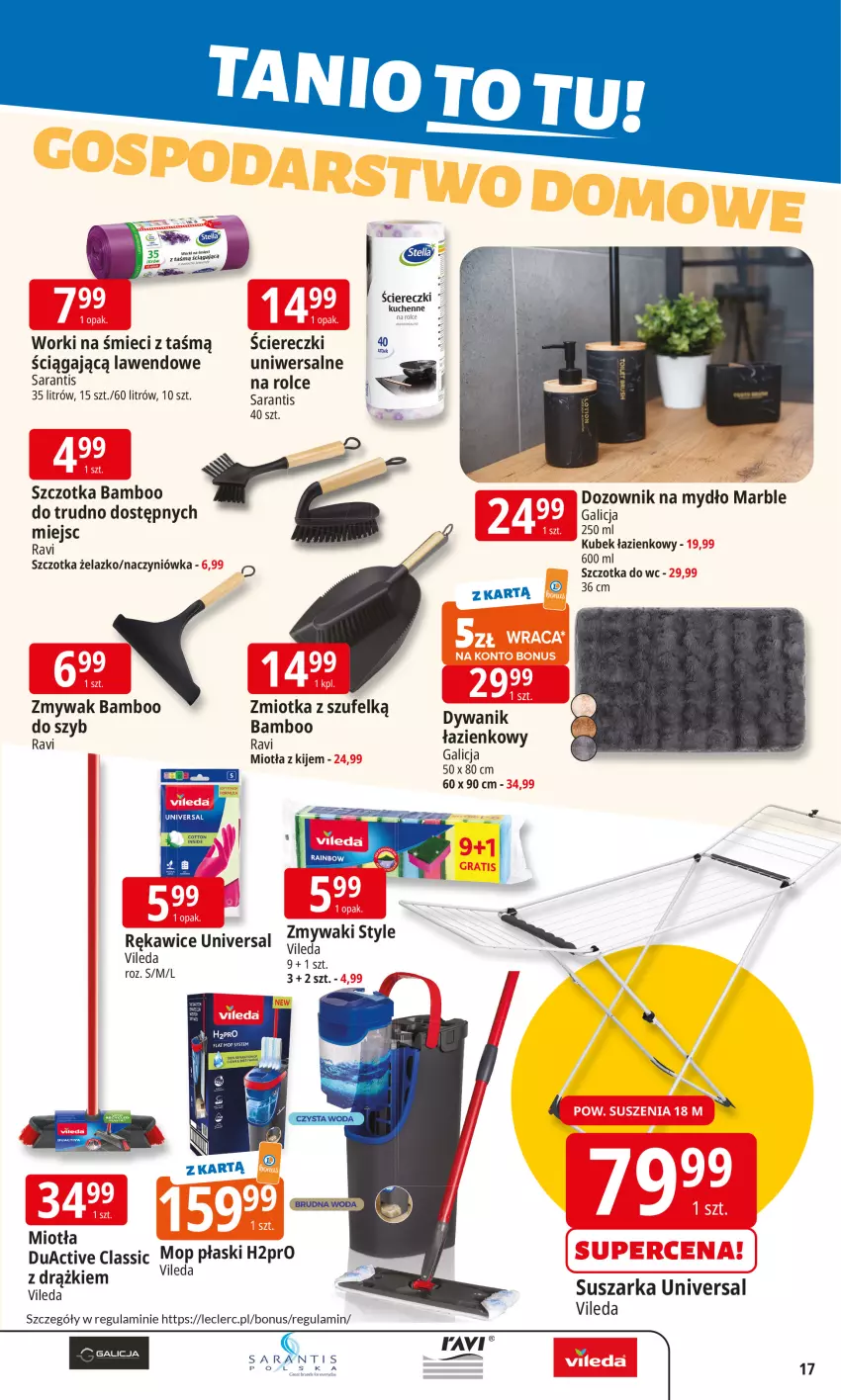 Gazetka promocyjna E Leclerc - ważna 10.11 do 17.11.2025 - strona 17 - produkty: Dozownik, Dywan, Dywanik, Kije, Miotła, Mydło, Rękawice, Suszarka, Szczotka, Szczotka do WC, Vileda, Woda