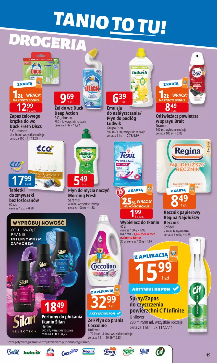 Gazetka promocyjna E Leclerc - ważna 10.11 do 17.11.2025 - strona 19 - produkty: Coccolino, Do mycia naczyń, Duck, Emulsja, Gin, Ludwik, Odświeżacz powietrza, Papier, Perfum, Płyn do mycia, Płyn do mycia naczyń, Płyn do prania, Ręcznik, Rolki, Silan, Tablet, Tabletki do zmywarki, Zmywarki