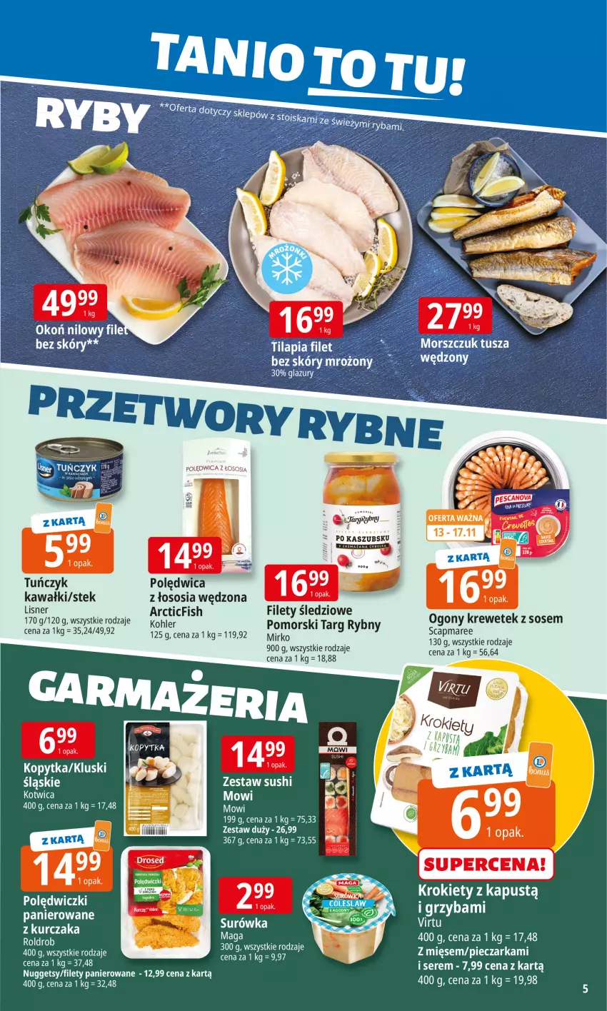 Gazetka promocyjna E Leclerc - ważna 10.11 do 17.11.2025 - strona 5 - produkty: Fa, Kawa, Kopytka, Krokiety, LG, Lisner, Piec, Pieczarka, Polędwica, Sos, Stek, Surówka, Sushi