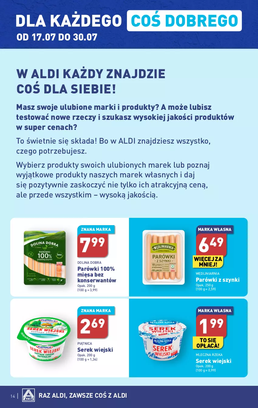 Gazetka promocyjna Aldi - Pełna oferta - ważna 24.07 do 29.07.2023 - strona 14 - produkty: Koc, Mleczna Rzeka, Parówki, Parówki z szynki, Piątnica, Ser, Serek, Serek wiejski, Sok