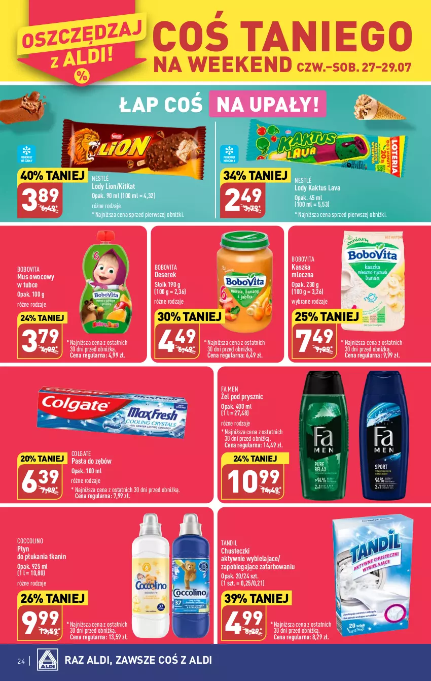 Gazetka promocyjna Aldi - Pełna oferta - ważna 24.07 do 29.07.2023 - strona 24 - produkty: BoboVita, Chusteczki, Coccolino, Colgate, Deser, Fa, Kaktus, LG, Lion, Lody, Mus, Nestlé, Pasta do zębów, Płyn do płukania, Ser, Serek