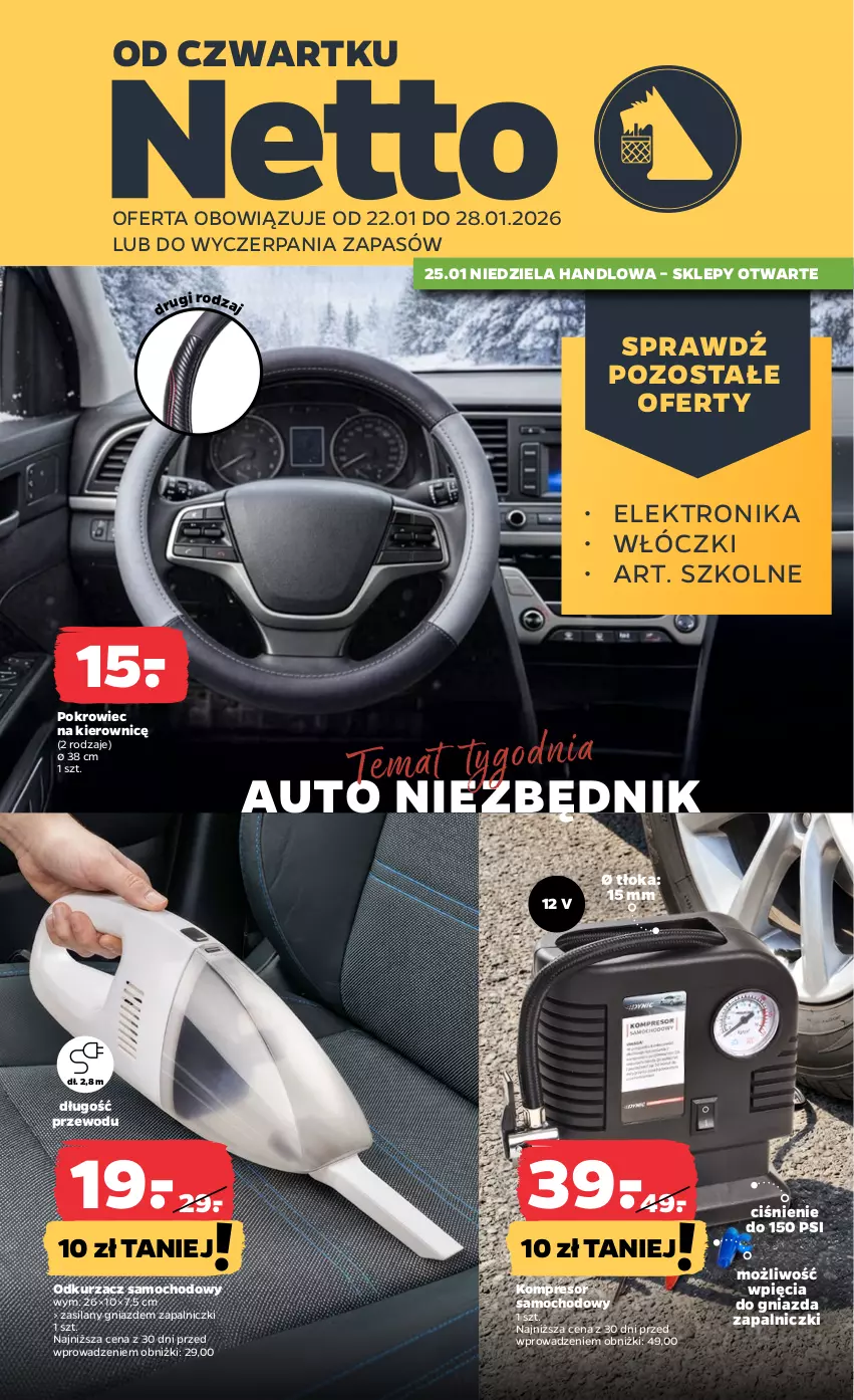 Gazetka promocyjna Netto - Od Czwartku - ważna 22.01 do 25.01.2026 - strona 1 - produkty: Elektronika, Kompresor, Odkurzacz, Pokrowiec, Pokrowiec na kierownicę, Silan
