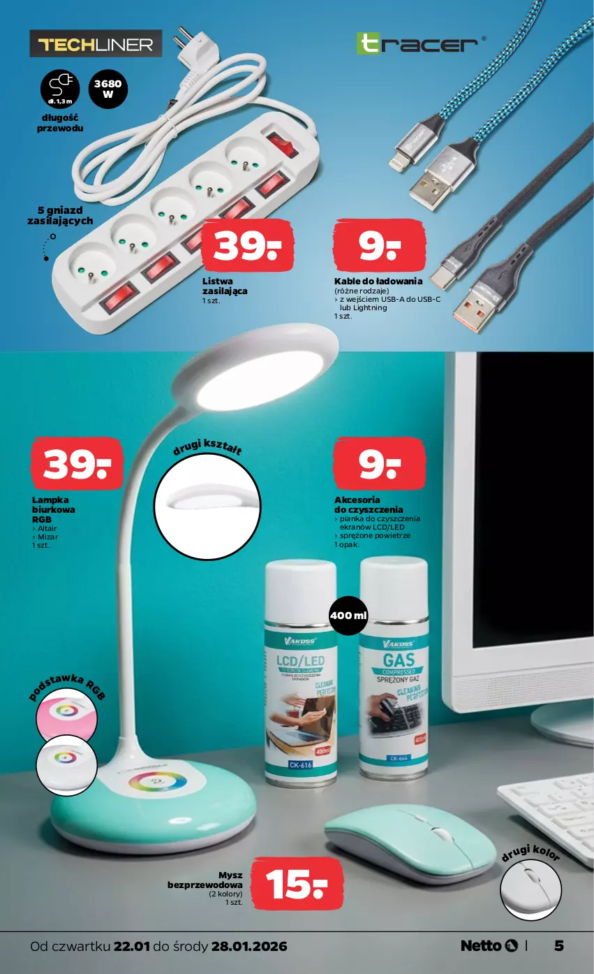 Gazetka promocyjna Netto - Od Czwartku - ważna 22.01 do 25.01.2026 - strona 5 - produkty: Biurko, Listwa, Mysz, Mysz bezprzewodowa, Pianka do czyszczenia