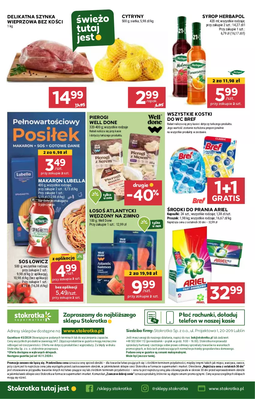 Gazetka promocyjna Stokrotka - Supermarket Opole/Radom - ważna 07.11 do 13.11.2024 - strona 38 - produkty: Ariel, Bell, Bella, Bref, Cytryny, Dres, Gra, Herbapol, JBL, Lubella, Makaron, O nas, Owoce, Pierogi, Por, Siatka, Sos, Syrop, Szynka, Szynka wieprzowa, Telefon, Wagi, Warzywa