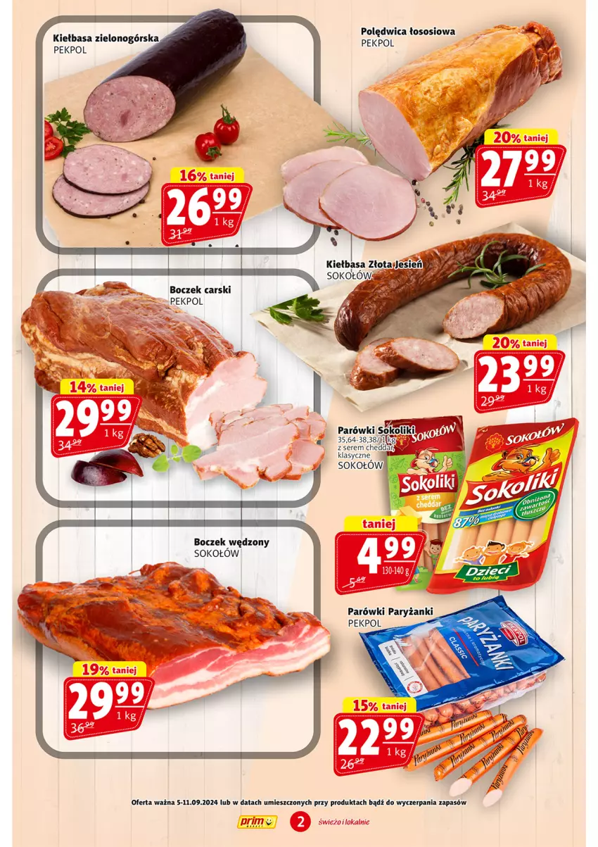 Gazetka promocyjna Prim Market - ważna 05.09 do 11.09.2024 - strona 2 - produkty: Boczek, Cars, Cheddar, Kiełbasa, Pekpol, Polędwica, Ser, Sok, Sokołów, Sos