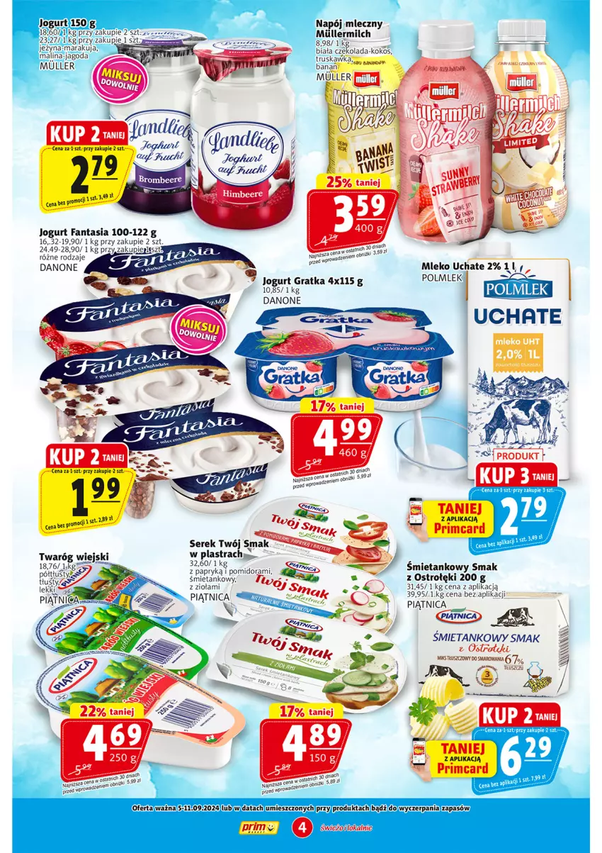 Gazetka promocyjna Prim Market - ważna 05.09 do 11.09.2024 - strona 4 - produkty: Danone, Fa, Fanta, Gra, Jogurt, Mleko, Napój, Napój mleczny, Piątnica, POLMLEK, Ser, Serek, Twaróg, Twój Smak