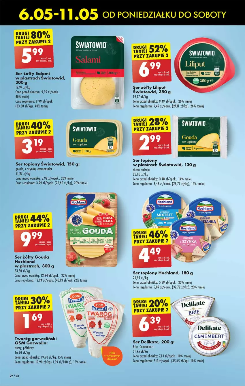 Gazetka promocyjna Biedronka - Od Poniedziałku - ważna 06.05 do 11.05.2024 - strona 22 - produkty: Brie, Camembert, Emmental, Fa, Gouda, Hochland, Salami, Ser, Ser topiony, Top