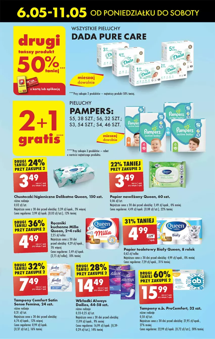 Gazetka promocyjna Biedronka - Od Poniedziałku - ważna 06.05 do 11.05.2024 - strona 41 - produkty: Always, Chusteczki, Dada, O.B., Pampers, Papier, Papier toaletowy, Pieluchy, Pur, Ręcznik, Rolki, Sati, Tampony, Top, Wkładki