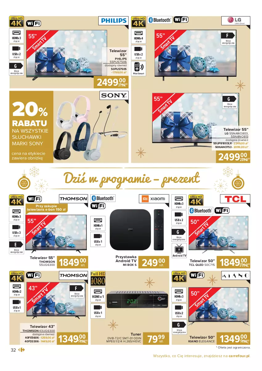 Gazetka promocyjna Carrefour - Gazetka Carrefour Prezenty - ważna 30.11 do 24.12.2021 - strona 32 - produkty: Android TV, Gra, LG, Philips, Słuchawki, Sony, Telewizor, Thomson