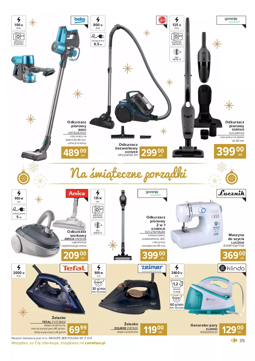 Gazetka promocyjna Carrefour - Gazetka Carrefour Prezenty - ważna 30.11 do 24.12.2021 - strona 35 - produkty: Amica, Beko, Fa, Generator pary, Gorenje, HP, Odkurzacz, Orka, Pojemnik, Szczotka, Szyna, Tefal, Top, Zelmer