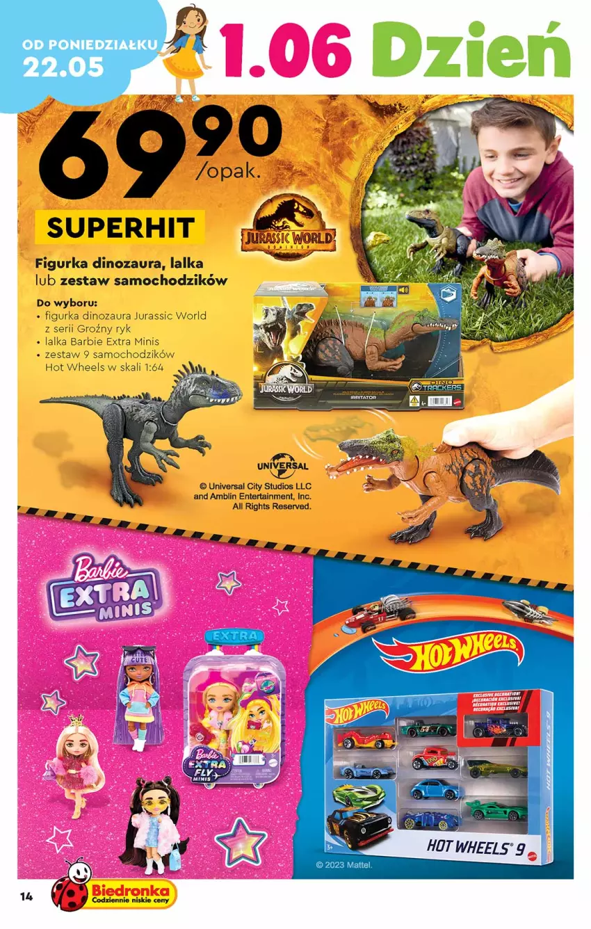 Gazetka promocyjna Biedronka - Okazje tygodnia od 22.05 - ważna 22.05 do 10.06.2023 - strona 14 - produkty: Barbie, Chodzik, Dinozaur, Hot Wheels, Jurassic World, Lalka, Ser