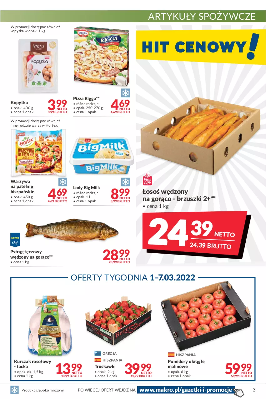 Gazetka promocyjna Makro - [Oferta promocyjna] Artykuły spożywcze i przemysłowe - ważna 22.02 do 07.03.2022 - strona 3 - produkty: Artykuły spożywcze, Big Milk, Hortex, Kopytka, Kurczak, Lody, Pizza, Pomidory, Pstrąg, Pstrąg tęczowy, Truskawki, Warzywa