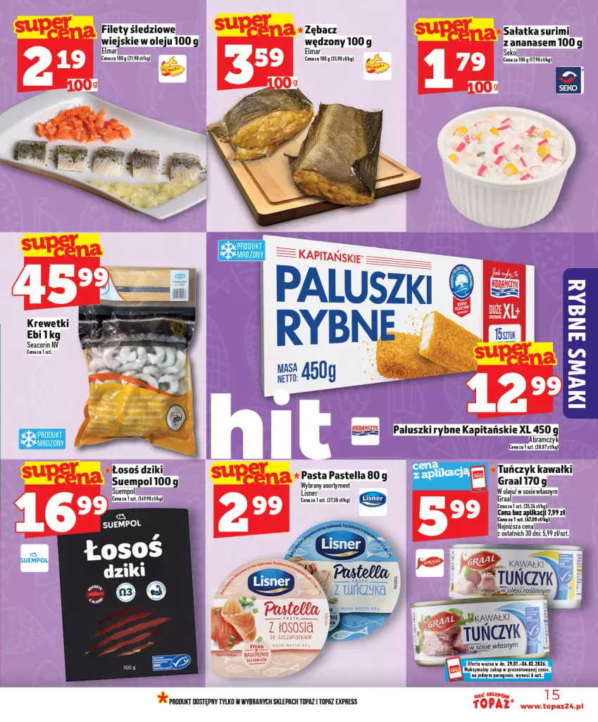 Gazetka promocyjna Topaz - Gazetka - ważna 29.01 do 04.02.2026 - strona 15 - produkty: Ananas, Gra, Graal, Kawa, Krewetki, Lisner, Olej, Paluszki rybne, Pastella, Sałat, Sałatka, SEKO, Sos, Suempol, Surimi, Top, Tuńczyk