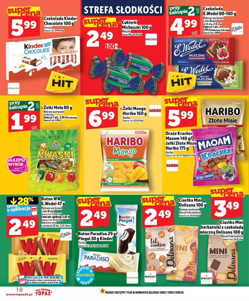 Gazetka promocyjna Topaz - Gazetka - ważna 29.01 do 04.02.2026 - strona 18 - produkty: Baton, Cukier, Cukierki, Czekolada, Fa, Ferrero, Haribo, Herbatniki, Isana, Kinder, Mango, Ryba, Top