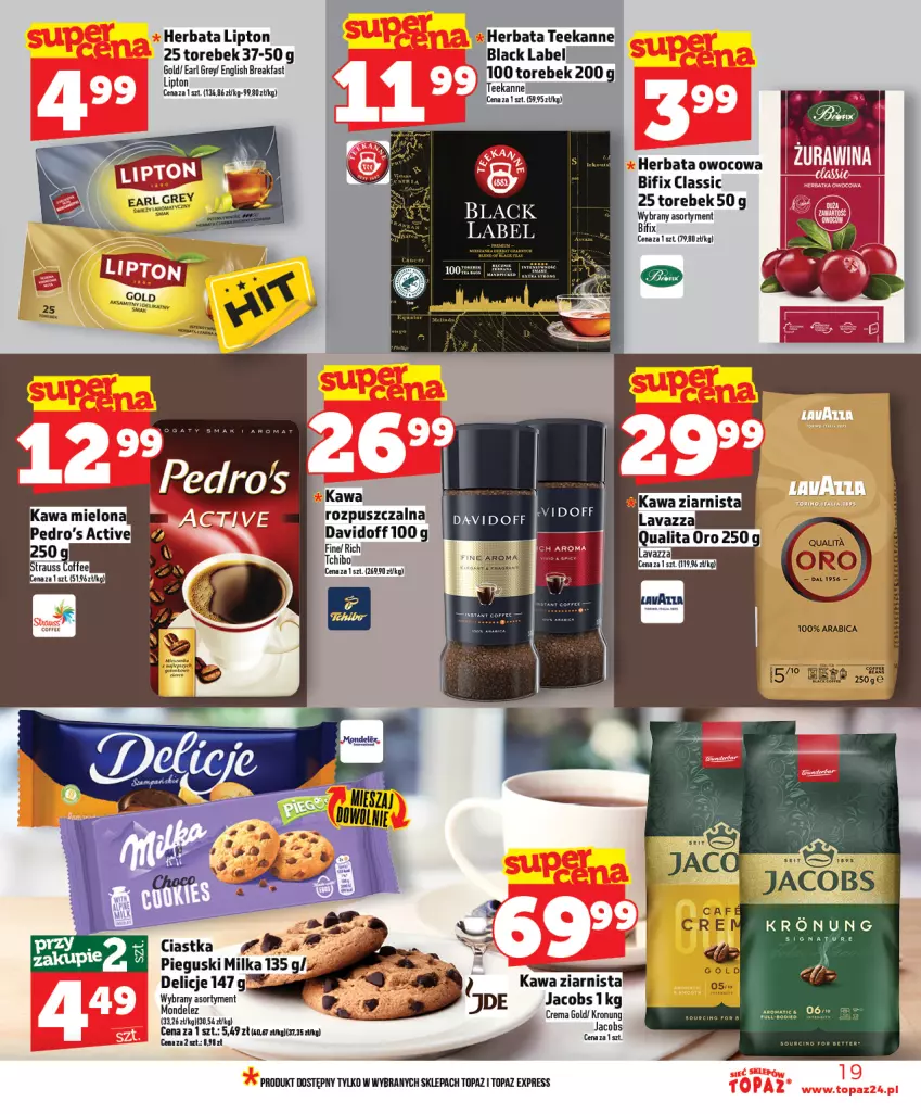 Gazetka promocyjna Topaz - Gazetka - ważna 29.01 do 04.02.2026 - strona 19 - produkty: Ciastka, Davidoff, Delicje, Earl Grey, Fa, Herbata, Herbata owocowa, Jacobs, Kawa, Kawa rozpuszczalna, Kawa ziarnista, Lack, Lipton, Milka, Tchibo, Teekanne, Top