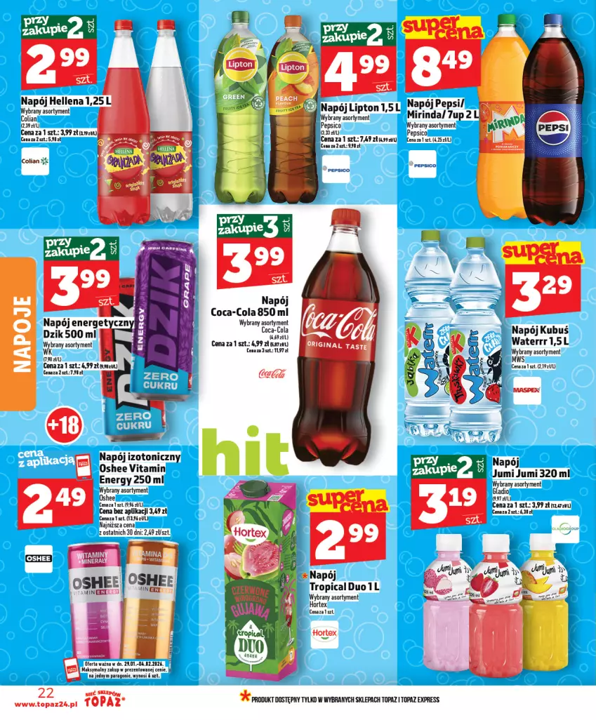 Gazetka promocyjna Topaz - Gazetka - ważna 29.01 do 04.02.2026 - strona 22 - produkty: 7up, Coca-Cola, Kubuś, Kubuś Waterrr, Lipton, Mirinda, Napój, Napój izotoniczny, Oshee, Pepsi, Top