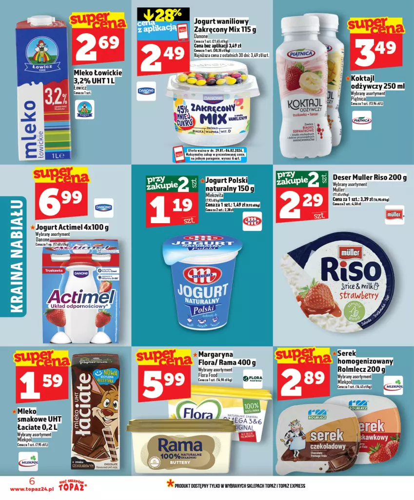 Gazetka promocyjna Topaz - Gazetka - ważna 29.01 do 04.02.2026 - strona 6 - produkty: Actimel, Danone, Fa, Flora, Jogurt, Margaryna, Mleko, Mleko smakowe, Mule, Por, Rama, Rolmlecz, Ser, Serek, Top