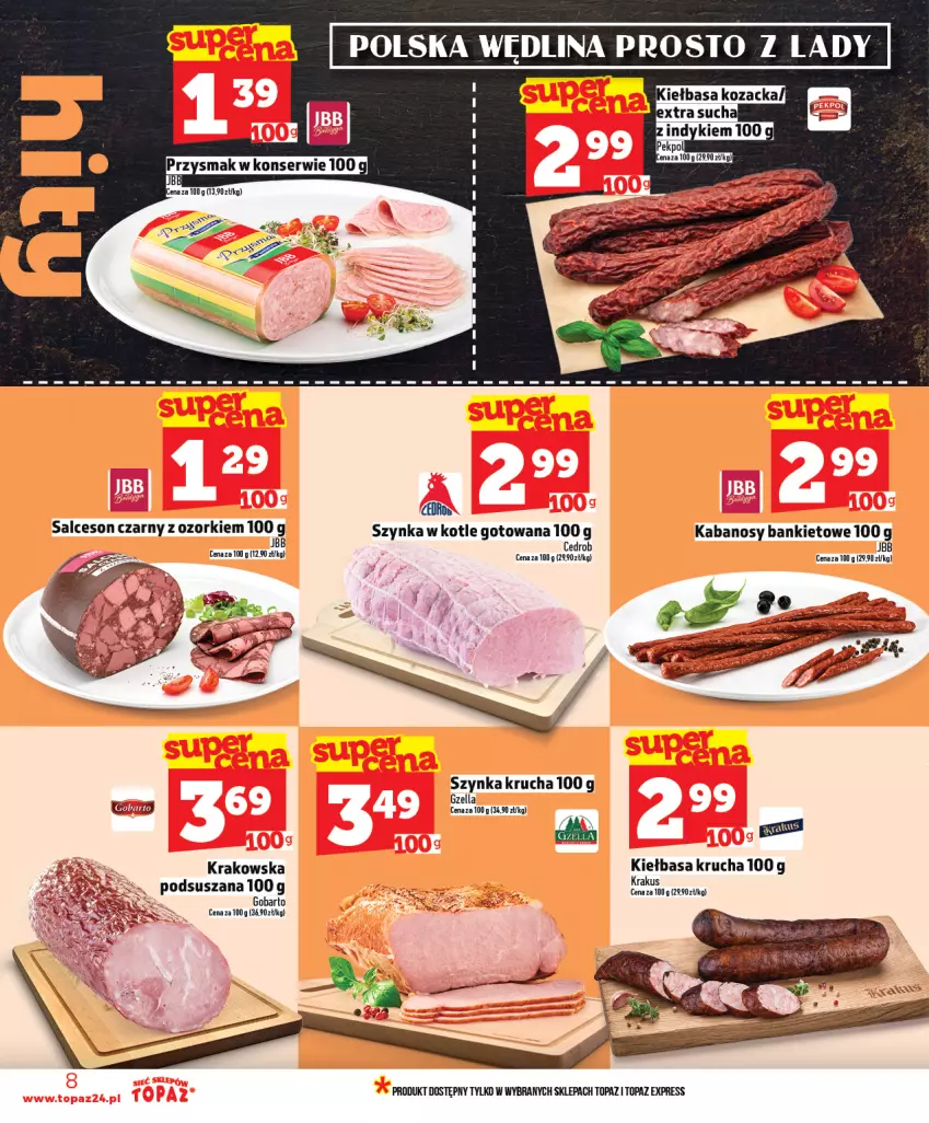 Gazetka promocyjna Topaz - Gazetka - ważna 29.01 do 04.02.2026 - strona 8 - produkty: Kabanos, Kiełbasa, Kiełbasa krucha, Salceson, Ser, Szynka, Top, Wędlina