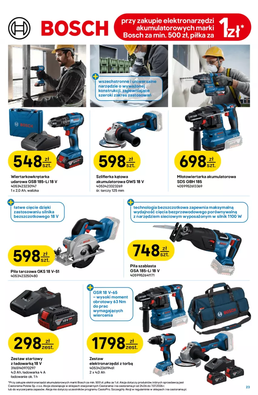 Gazetka promocyjna Castorama - Gazetka Łazienka 24.06-7.07 - ważna 24.06 do 07.07.2026 - strona 23 - produkty: Akumulator, Astor, Bosch, Gra, Młot, Młotowiertarka, Por, Rama, Sok, Szlifierka, Szlifierka kątowa, Tarka, Top, Walizka, Warka, Wiertarka, Wiertarkowkrętarka, Wkręt, Wkrętarka