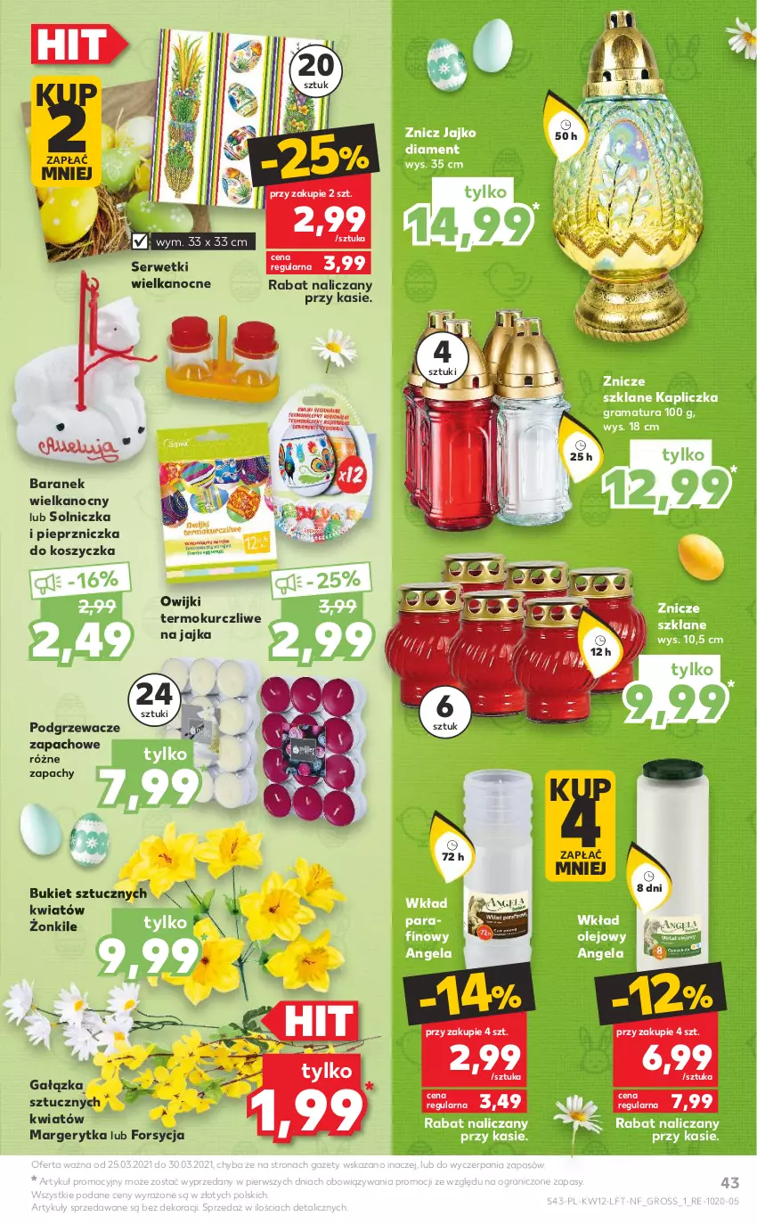 Gazetka promocyjna Kaufland - OFERTA TYGODNIA - ważna 25.03 do 30.03.2021 - strona 43 - produkty: Bukiet, Gra, Kosz, Olej, Owijki, Pieprz, Pieprzniczka, Podgrzewacze, Rama, Ser, Serwetki, Solniczka, Wkład olejowy, Znicz