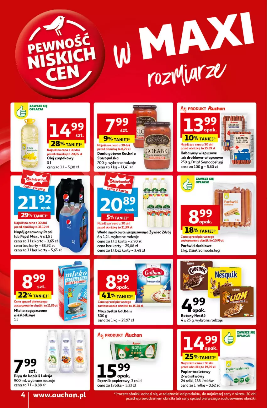 Gazetka promocyjna Auchan - Pewność Niskich Cen Moje - ważna 12.09 do 18.09.2024 - strona 4 - produkty: Baton, Dania gotowe, Galbani, Gołabki, Kabanos, Kuchnia, Kuchnia Staropolska, LG, Luksja, Mleko, Mleko zagęszczone, Mozzarella, Napój, Napój gazowany, Olej, Olej rzepakowy, Papier, Papier toaletowy, Parówki, Pepsi, Pepsi max, Płyn do kąpieli, Ręcznik, Rolki, Sos, Woda