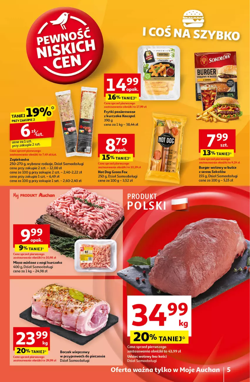 Gazetka promocyjna Auchan - Pewność Niskich Cen Moje - ważna 12.09 do 18.09.2024 - strona 5 - produkty: Boczek, Boczek wieprzowy, Burger, Frytki, Hot dog, Kurczak, Mięso, Mięso mielone, Piec, Ser, Sok, Sokołów, Zapiekanka