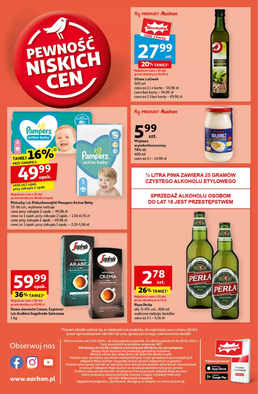 Gazetka promocyjna Auchan - Pewność Niskich Cen Moje - ważna 12.09 do 18.09.2024 - strona 8 - produkty: BIC, Kawa, Kawa ziarnista, Majonez, Majtki, Oliwa, Oliwa z oliwek, Pampers, Perła, Pieluchomajtki, Pieluchy, Piwo, Segafredo, Sok