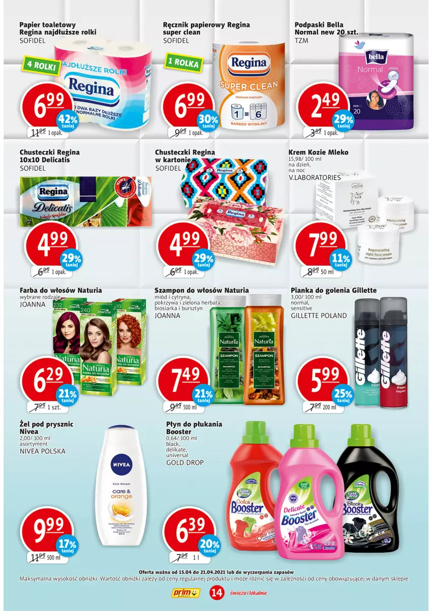 Gazetka promocyjna Prim Market - Gazetka - ważna 15.04 do 21.04.2021 - strona 14 - produkty: Bell, Bella, Booster, Bursztyn, Chusteczki, Fa, Farba do włosów, Gillette, Gin, Herbata, Joanna, Lack, Miód, Mleko, Nivea, Papier, Papier toaletowy, Pianka do golenia, Płyn do płukania, Podpaski, Ręcznik, Rolki, Sok, Szampon