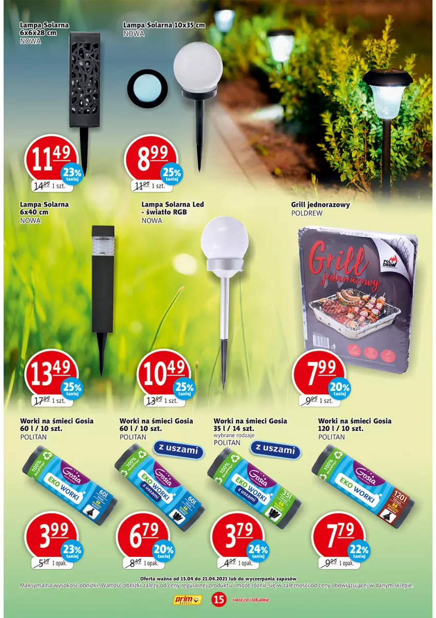 Gazetka promocyjna Prim Market - Gazetka - ważna 15.04 do 21.04.2021 - strona 15 - produkty: Grill, Lampa, Sok, Worki na śmiec, Worki na śmieci