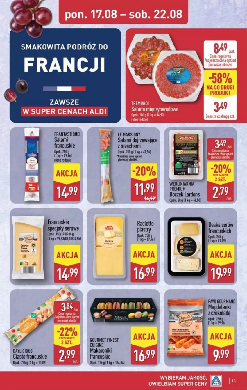 Gazetka promocyjna Aldi - Pełna oferta - ważna 17.08 do 21.08.2026 - strona 13 - produkty: Boczek, Ciasto francuskie, Makaron, Mars, Salami, Ser, Smakowita