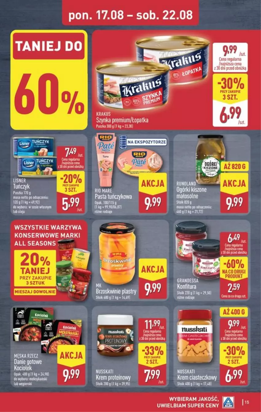 Gazetka promocyjna Aldi - Pełna oferta - ważna 17.08 do 21.08.2026 - strona 15 - produkty: Koc, Krakus, Lisner, Ser, Szynka, Szynka premium, Tuńczyk, Warzywa