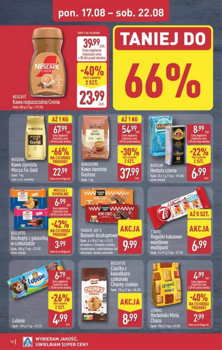 Gazetka promocyjna Aldi - Pełna oferta - ważna 17.08 do 21.08.2026 - strona 16 - produkty: Baton, Ciastka, Fa, Herbatniki, Kawa, Kawa rozpuszczalna, Kawa ziarnista, LANA, Lubisie, Tonik