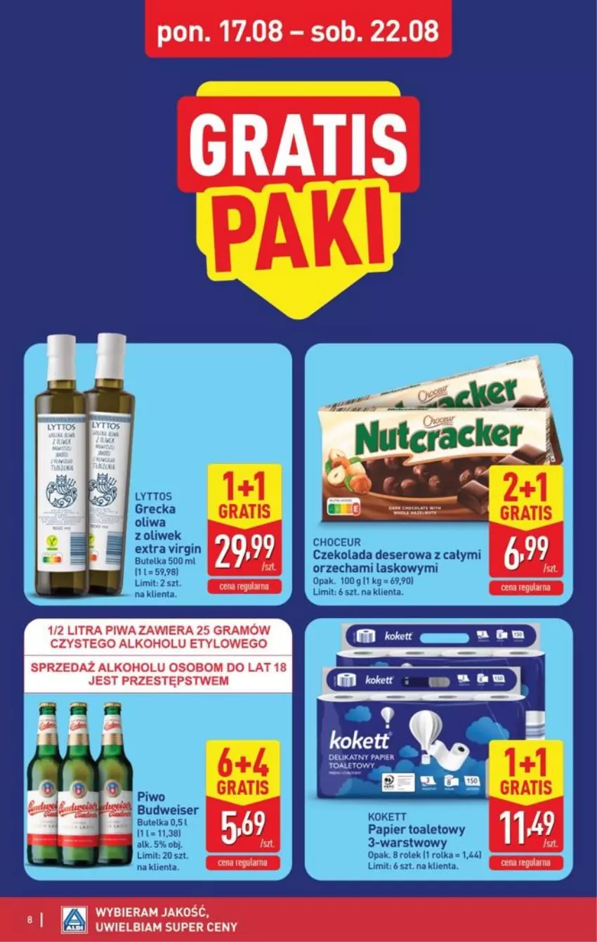 Gazetka promocyjna Aldi - Pełna oferta - ważna 17.08 do 21.08.2026 - strona 8 - produkty: Czekolada, Deser, Gin, Gra, Oliwa, Oliwa z oliwek, Papier, Papier toaletowy, Piwa, Ser