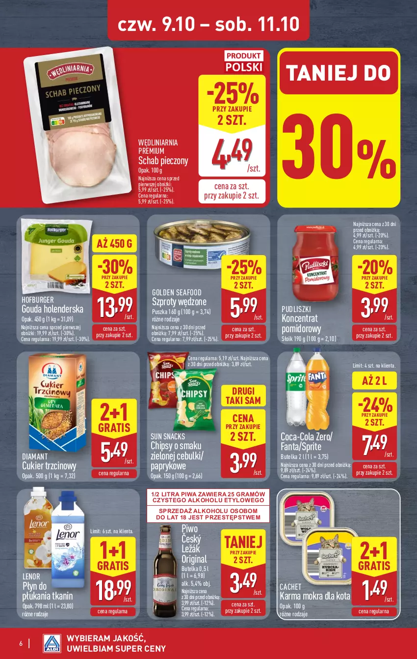 Gazetka promocyjna Aldi - Oferta specjalna - ważna 09.10 do 11.10.2025 - strona 6 - produkty: Burger, Chipsy, Coca-Cola, Cukier, Cukier trzcinowy, Diamant, Fa, Fanta, Gin, Golden Seafood, Gouda, Gra, Hofburger, Koncentrat pomidorowy, Lenor, Piec, Piwa, Piwo, Płyn do płukania, Pudliszki, Schab pieczony, Sprite, Szprot