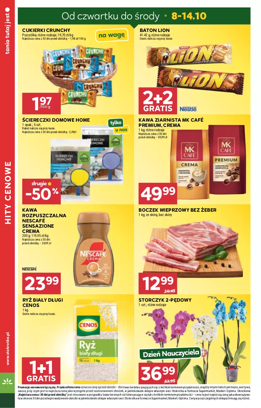 Gazetka promocyjna Stokrotka - Supermarket - ważna 08.10 do 14.10.2026 - strona 10 - produkty: Baton, Boczek, Boczek wieprzowy, Cenos, Cukier, Cukierki, Gra, Kawa, Kawa rozpuszczalna, Kawa ziarnista, Lion, Mięso, Nescafé, Optima, Owoce, Ryż, Ryż biały, Storczyk, Warzywa