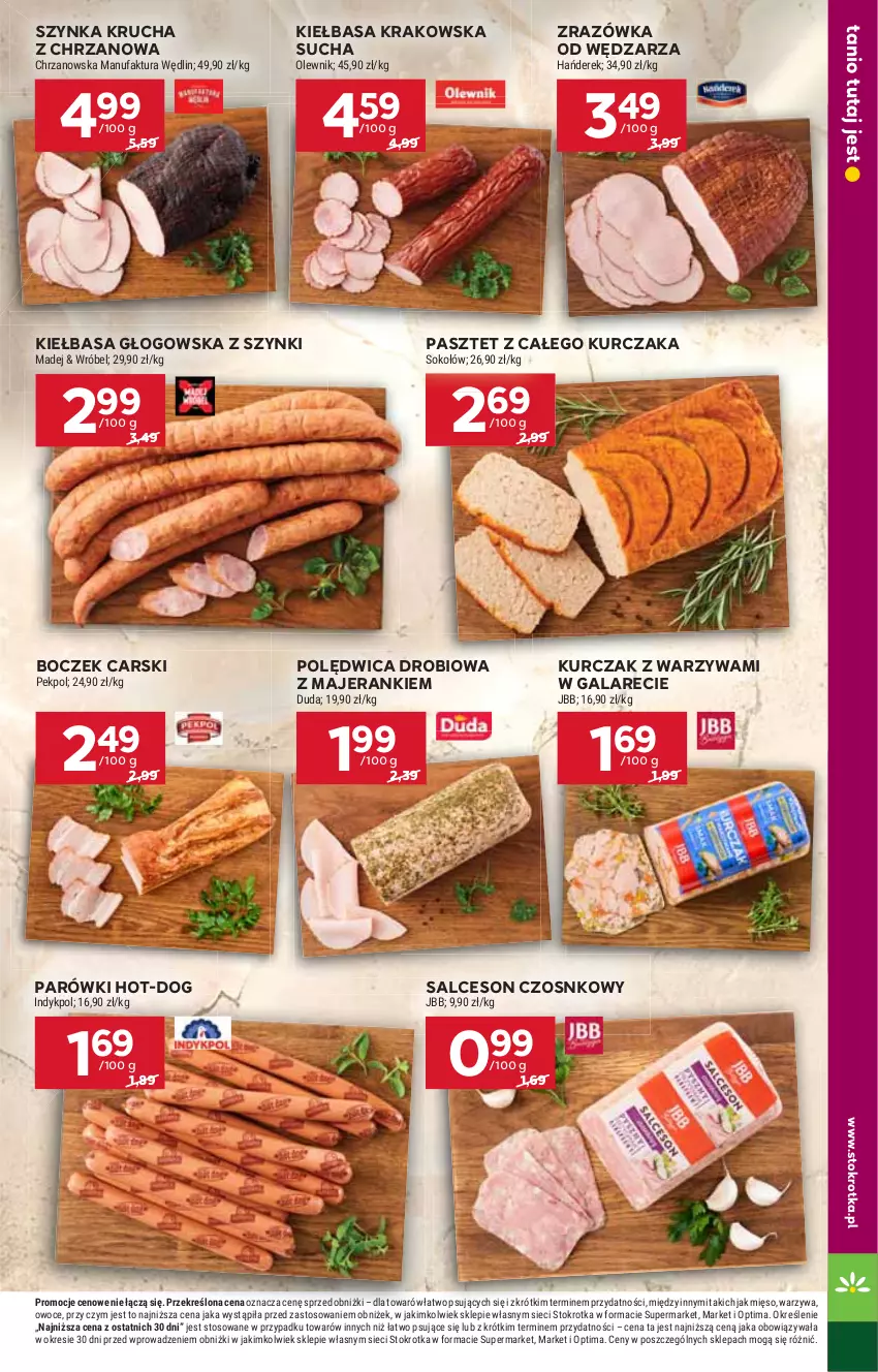 Gazetka promocyjna Stokrotka - Supermarket - ważna 23.07 do 29.07.2026 - strona 19 - produkty: Boczek, Cars, Chrzan, Duda, Fa, Gala, Kiełbasa, Kiełbasa głogowska, Kiełbasa krakowska, Kurczak, Mięso, Olewnik, Optima, Owoce, Parówki, Pasztet, Pekpol, Polędwica, Salceson, Sok, Sokołów, Szynka, Warzywa