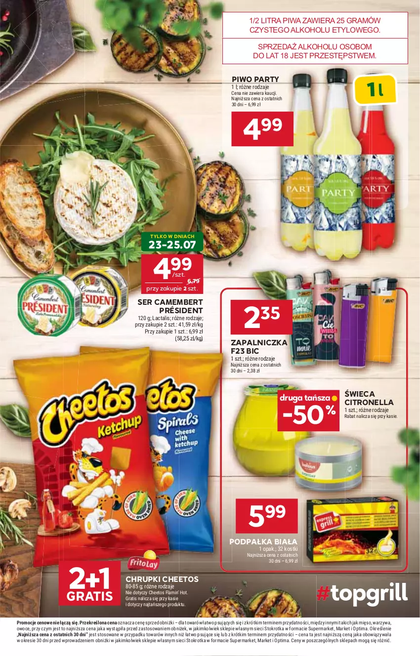 Gazetka promocyjna Stokrotka - Supermarket - ważna 23.07 do 29.07.2026 - strona 23 - produkty: BIC, Camembert, Cheetos, Chrupki, Gra, Mięso, Optima, Owoce, Piwa, Piwo, Président, Ser, Warzywa, Zapalniczka