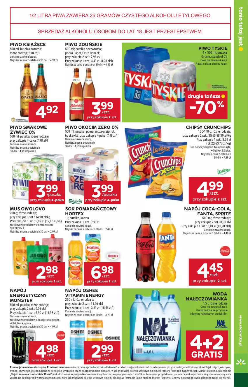 Gazetka promocyjna Stokrotka - Supermarket - ważna 23.07 do 29.07.2026 - strona 43 - produkty: Chipsy, Coca-Cola, Crunchips, Fa, Fanta, Gra, Grejpfrut, Hortex, Koc, Książęce, Lack, Mięso, Mus, Nałęczowianka, Napój, Napój energetyczny, Okocim, Optima, Oshee, Owoce, Piwa, Piwo, Sok, Sok pomarańczowy, Sprite, Tyskie, Warzywa, Woda