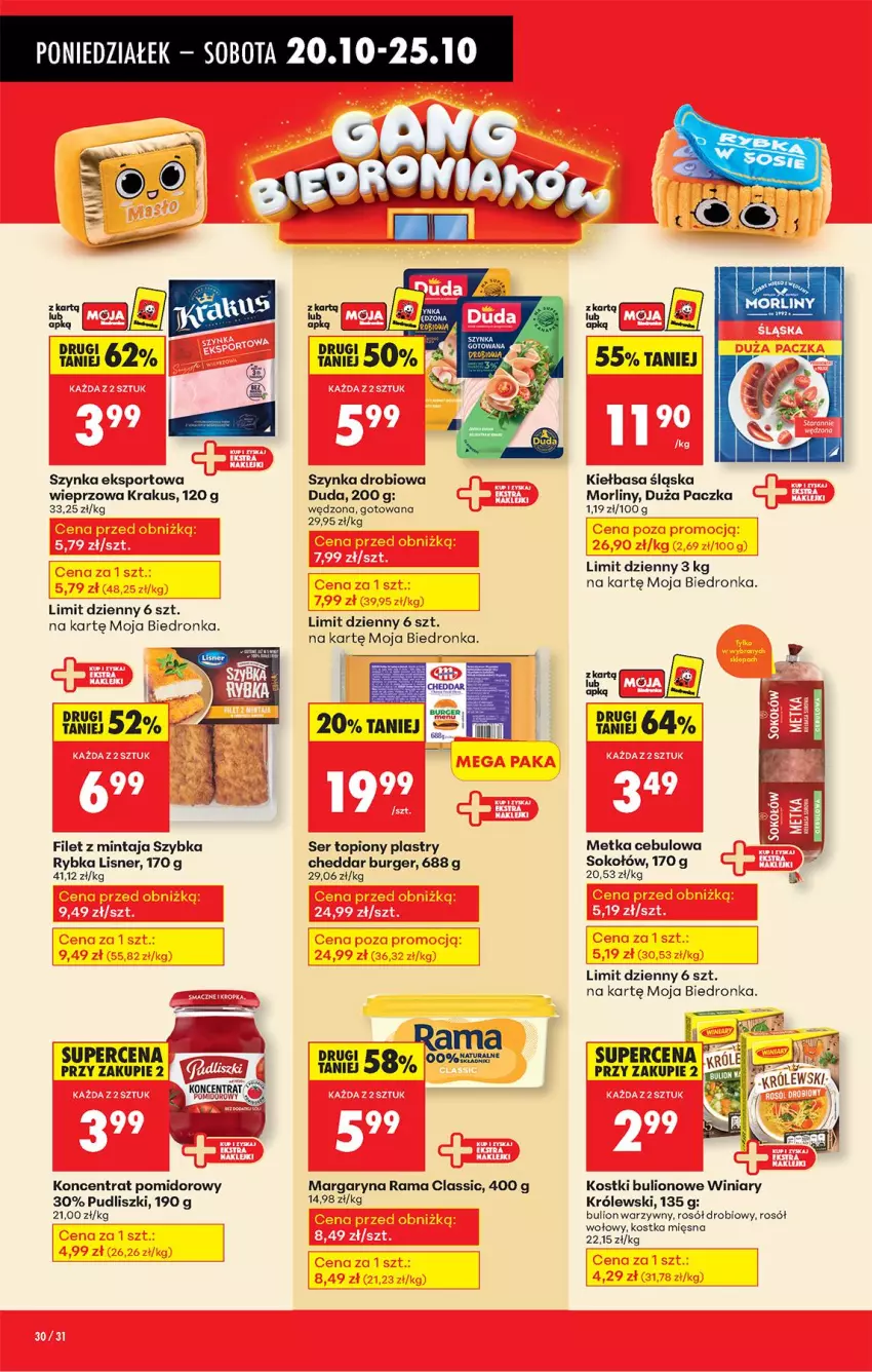 Gazetka promocyjna Biedronka - Od Poniedziałku - ważna 20.10 do 25.10.2025 - strona 38 - produkty: Bulion, Burger, Cheddar, Duda, Filet z mintaja, Kiełbasa, Kiełbasa śląska, Koncentrat pomidorowy, Krakus, Królewski, Lion, Lisner, Margaryna, Mintaj, Morliny, Por, Pudliszki, Rama, Rosół, Rosół drobiowy, Rosół wołowy, Ser, Ser topiony, Sok, Sokołów, Sport, Szynka, Top, Winiary