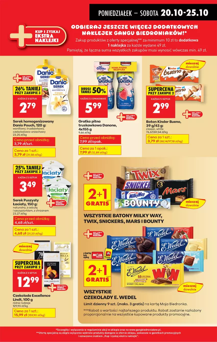 Gazetka promocyjna Biedronka - Od Poniedziałku - ważna 20.10 do 25.10.2025 - strona 39 - produkty: Baton, Bounty, Chrzan, Czekolada, Danio, Danone, E. Wedel, Fa, Gra, Kinder, Kinder Bueno, Lindt, Mars, Milky Way, Por, Ser, Serek, Serek homogenizowany, Serek puszysty, Snickers, Twix