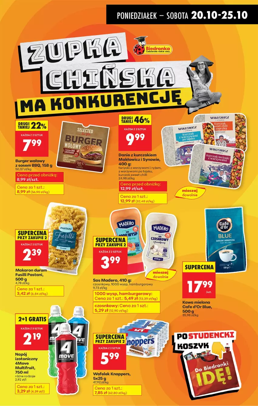 Gazetka promocyjna Biedronka - Od Poniedziałku - ważna 20.10 do 25.10.2025 - strona 43 - produkty: Burger, Gra, Kawa, Kawa mielona, Knoppers, Kurczak, Makaron, Napój, Napój izotoniczny, Ryż, Sos, Wafelek, Warzywa