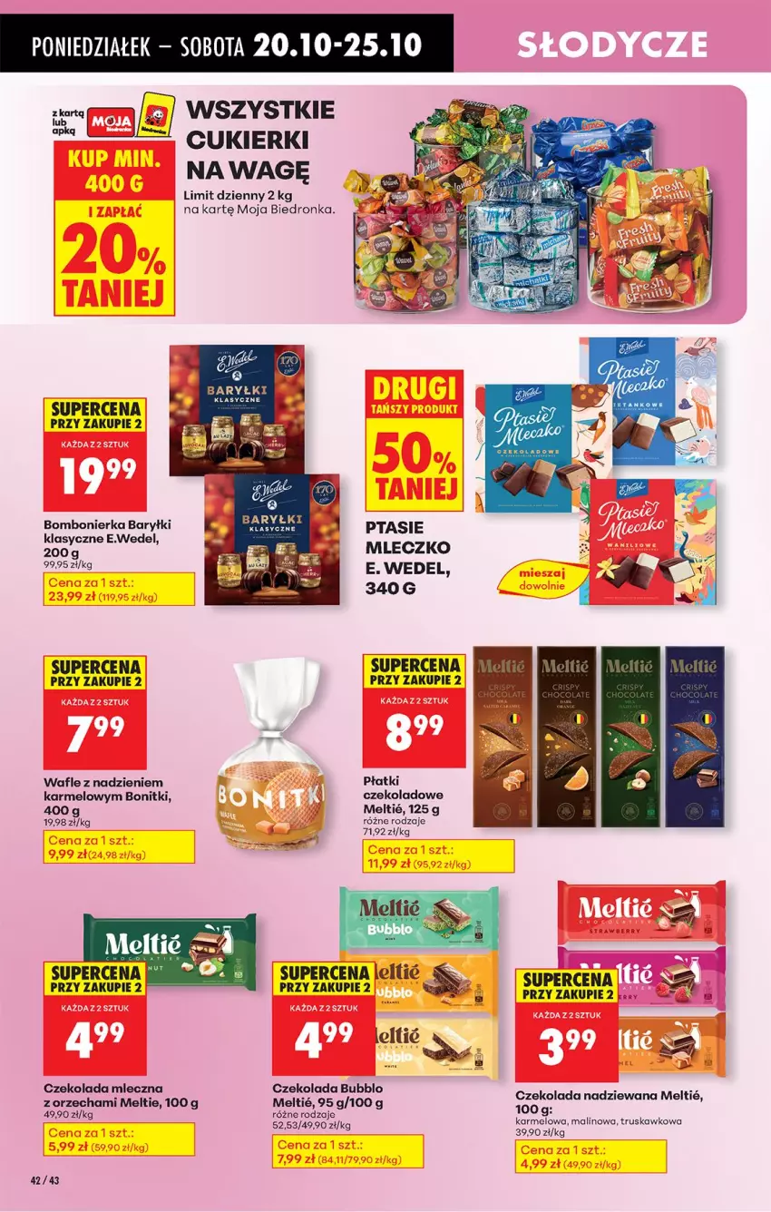 Gazetka promocyjna Biedronka - Od Poniedziałku - ważna 20.10 do 25.10.2025 - strona 52 - produkty: Baryłki, Bonitki, Cukier, Cukierki, Czekolada, Czekolada mleczna, E. Wedel, Mleczko, Ptasie mleczko, Wafle