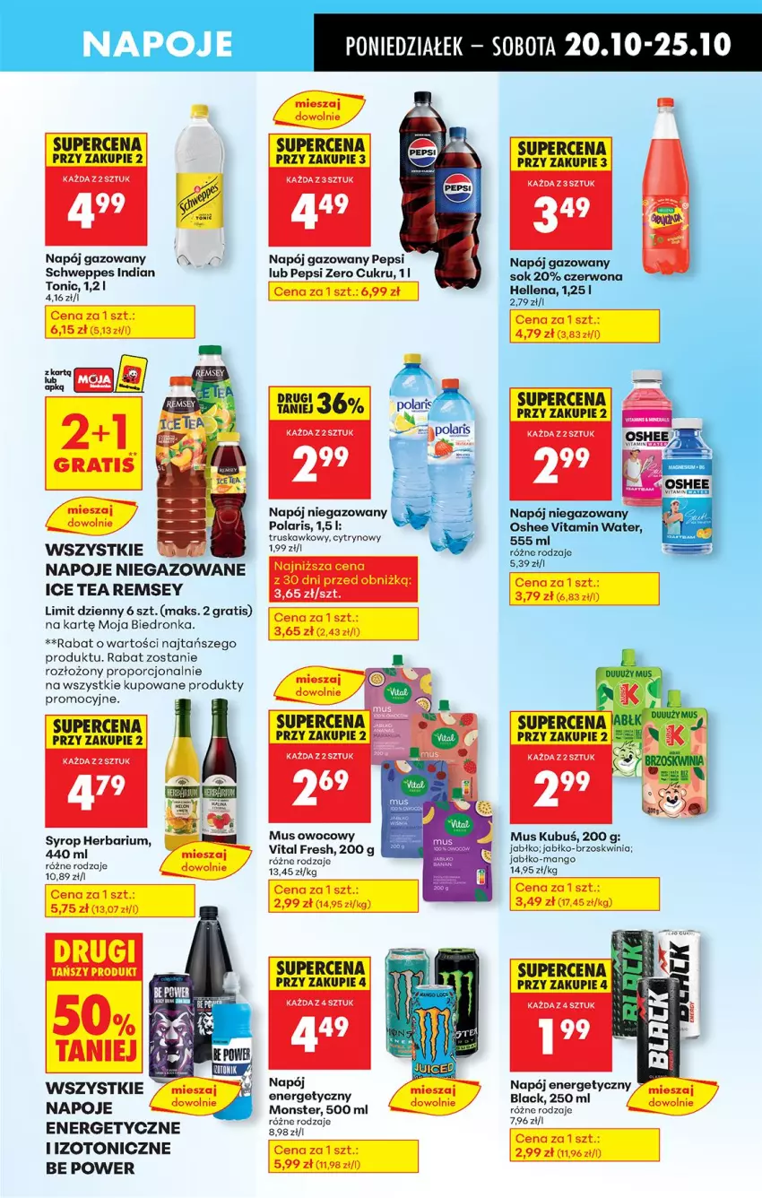 Gazetka promocyjna Biedronka - Od Poniedziałku - ważna 20.10 do 25.10.2025 - strona 61 - produkty: Gra, Hellena, Ice tea, Koc, Kubuś, Lack, Mango, Mus, Napój, Napój energetyczny, Napój gazowany, Napój niegazowany, Napoje, Noż, Oshee, Pepsi, Por, Schweppes, Sok, Syrop