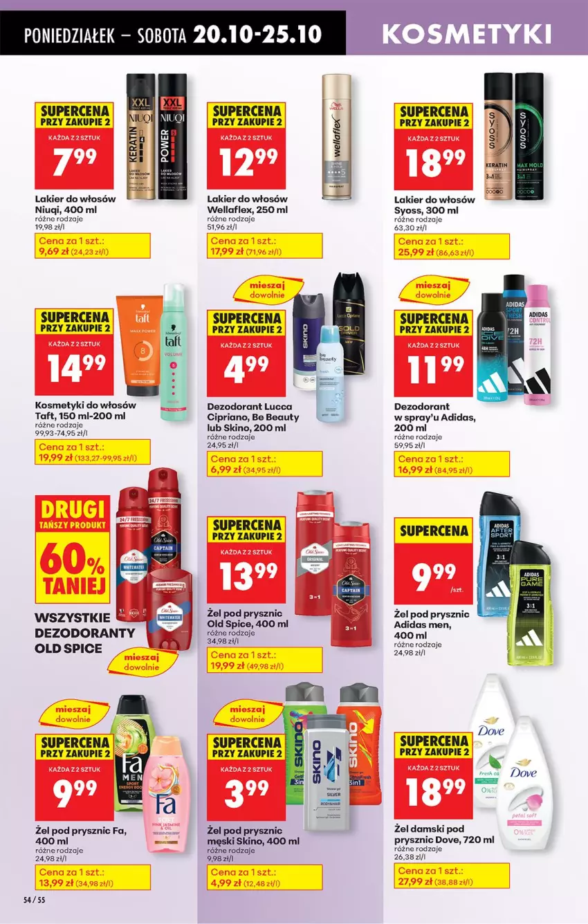 Gazetka promocyjna Biedronka - Od Poniedziałku - ważna 20.10 do 25.10.2025 - strona 66 - produkty: Adidas, Dezodorant, Dove, Fa, Lakier, Lakier do włosów, Niuqi, Nuty, Old Spice, Pur, Syoss, Taft, Wella, Wellaflex
