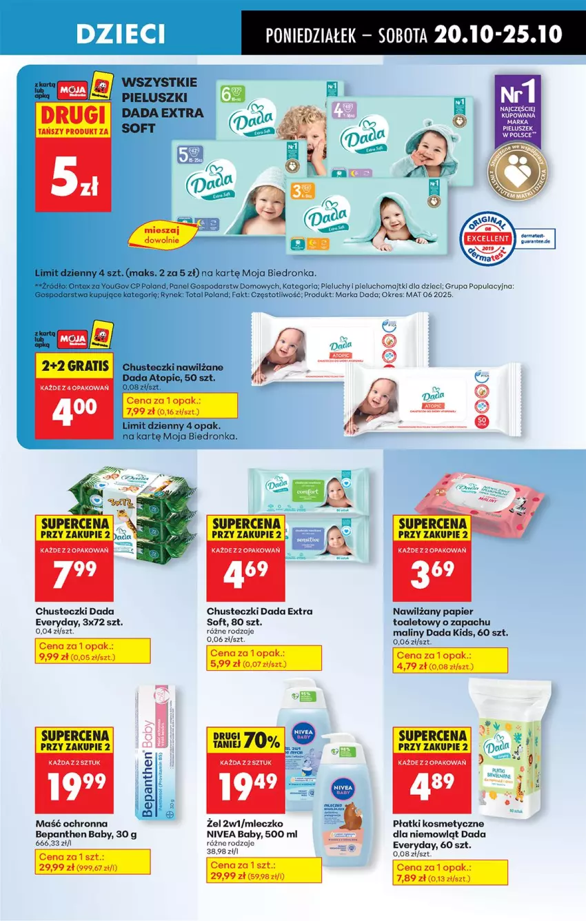 Gazetka promocyjna Biedronka - Od Poniedziałku - ważna 20.10 do 25.10.2025 - strona 69 - produkty: Bepanthen, Chusteczki, Dada, Dzieci, Majtki, Maliny, Mleczko, Nawilżany papier, Nivea, Nivea Baby, Papier, Pieluchomajtki, Pieluchy